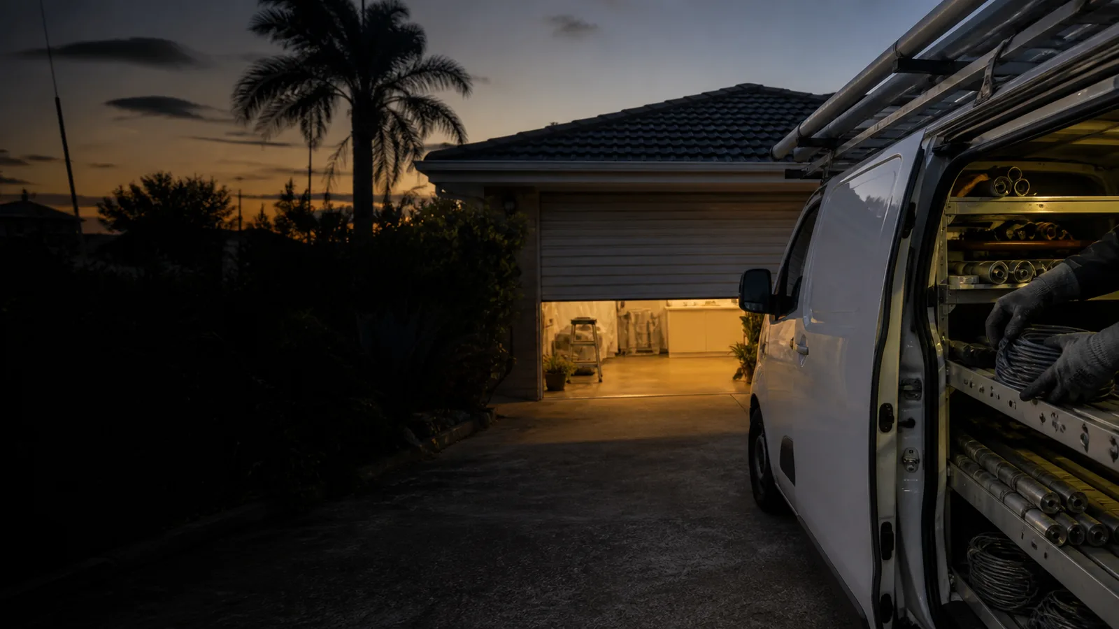 Garage door technician's van parked in a Perth driveway at first light, roller door half open