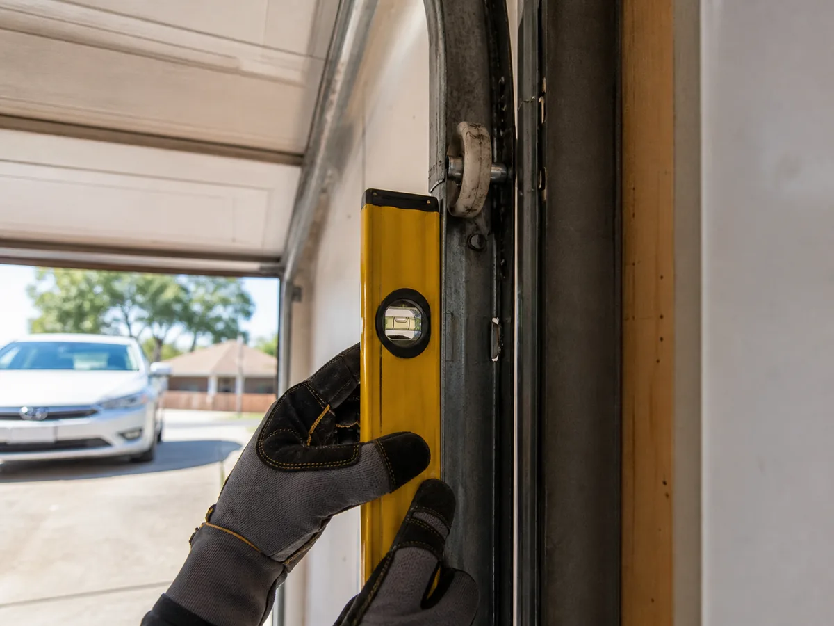 Technician checking a garage door track with a spirit level, a seized roller visible