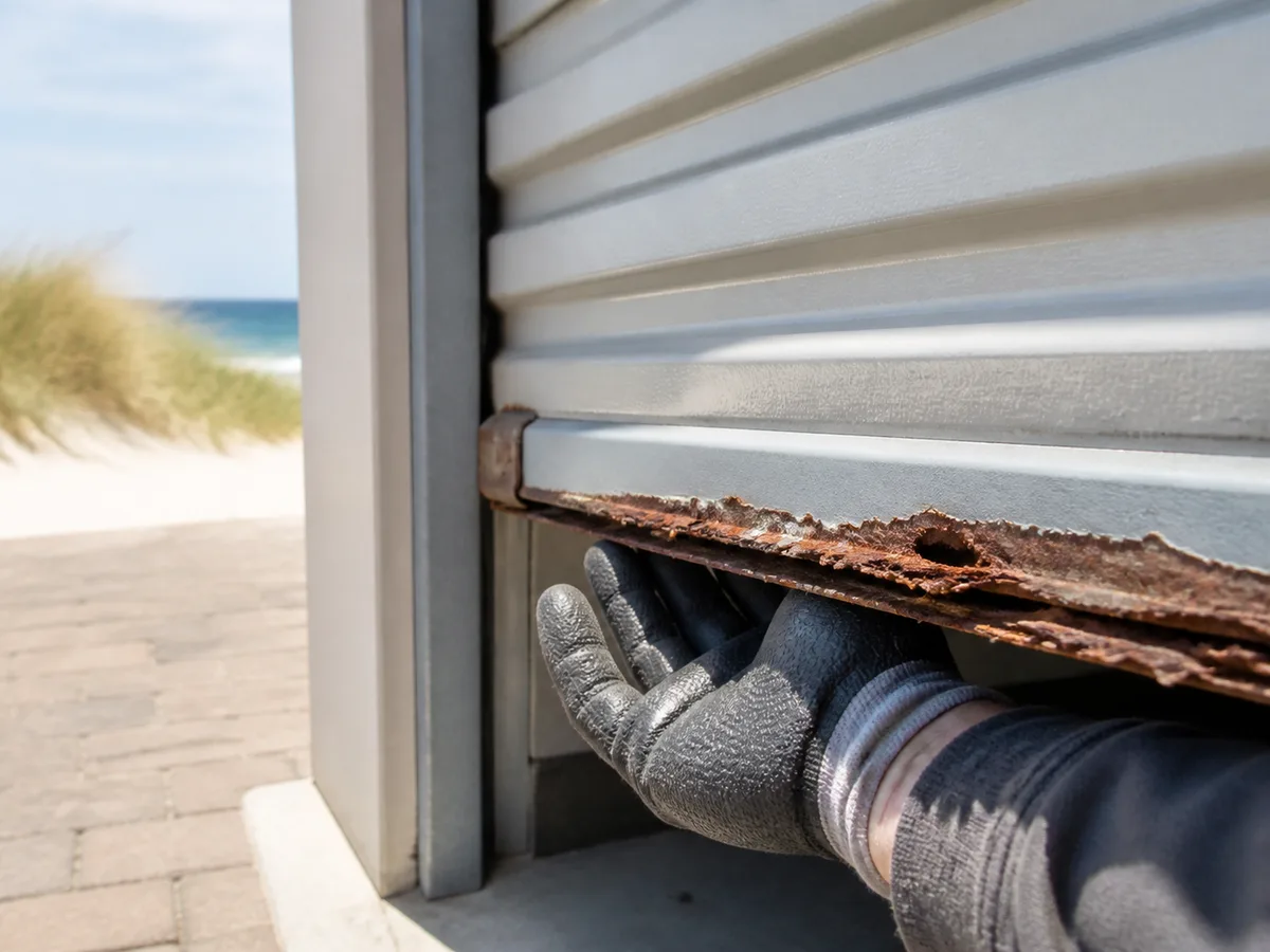 Corroded bottom rail and end cap of a coastal Perth roller door