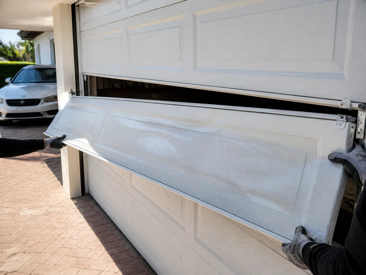 A dented panel section being lifted out of a sectional garage door mid-repair